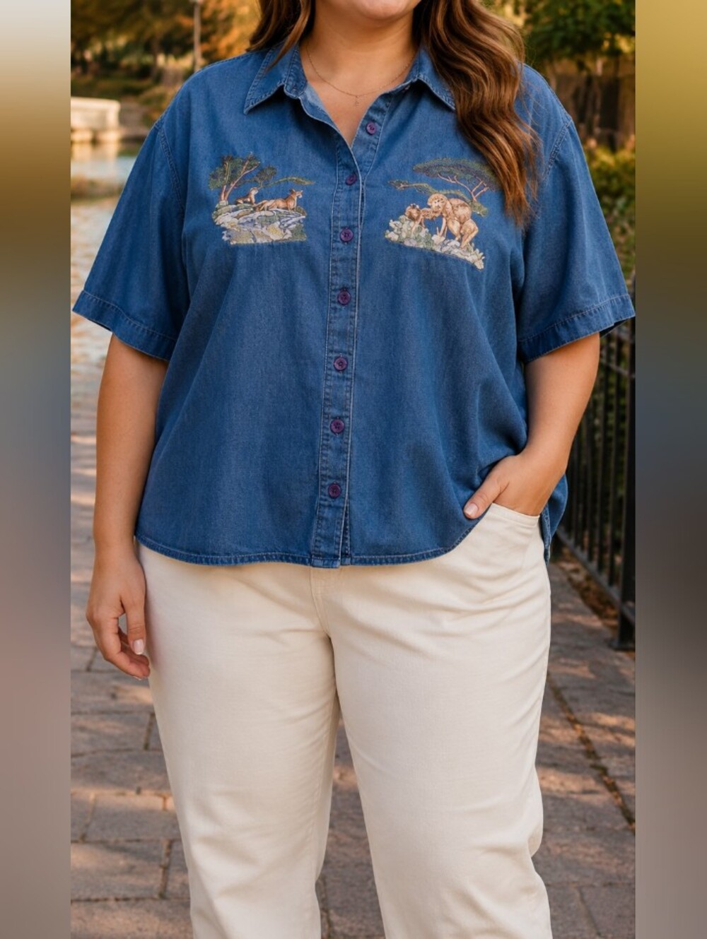 Penningtons Plus Size 100% Cotton Denim Wildlife Embroidered Button Up Shirt